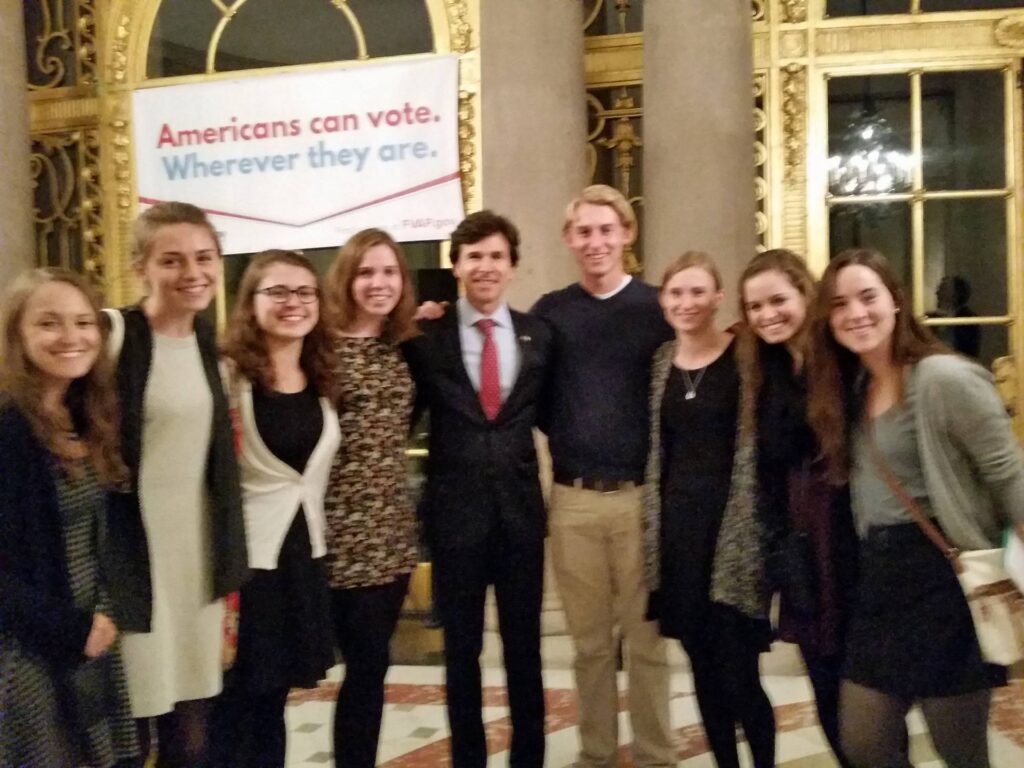Post-casting our ballots! Lena, Rachel, Lianne, Caroline, Ambassador Shapiro, Evan, Olivia, Theresa, and me. Credit to the nice woman in line behind us!